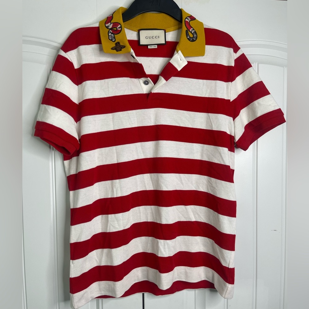 GUCCI Striped Polo With Kingsnake Embroidery SIZE S